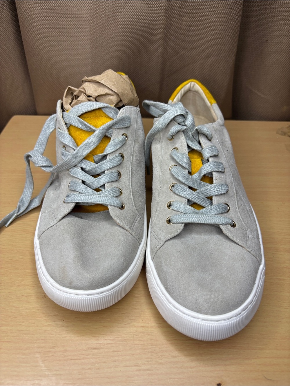 Women’s Gray Suede Lace-Up Sneakers with Yellow Accent
